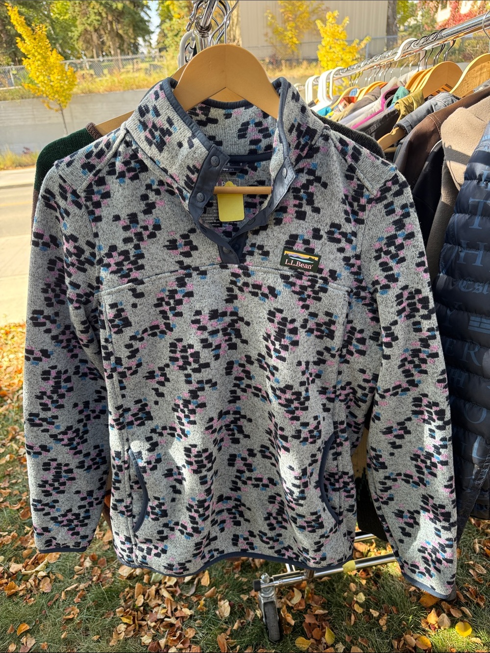 L.L. Bean Gray Fleece Pullover with Black and Pink Geometric Print